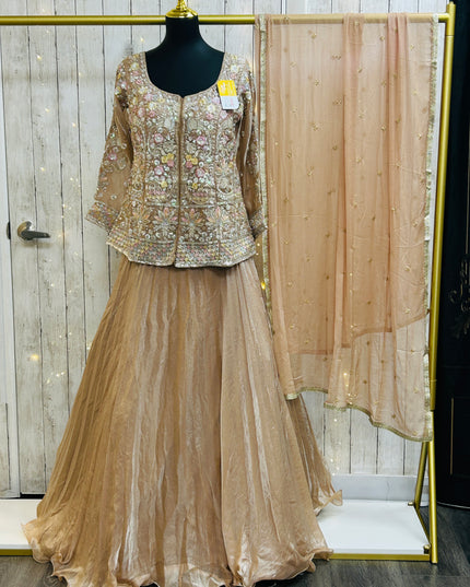 Golden lehenga Choli set with long blouse