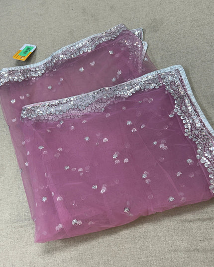 Light pink net dupatta with silver sequin border by Kurti Connection USA