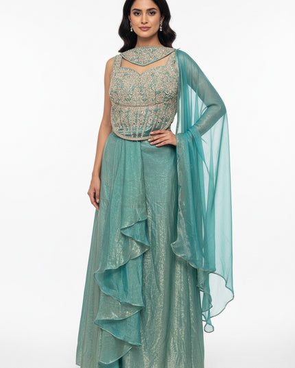 Teal : Lehenga saree : fusion readymade saree