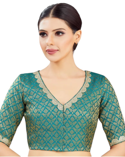 Teal blue jacquard blouse by Kurti Connection USA