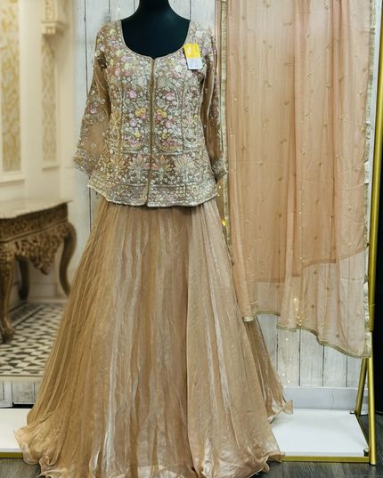 Golden lehenga Choli set with long blouse