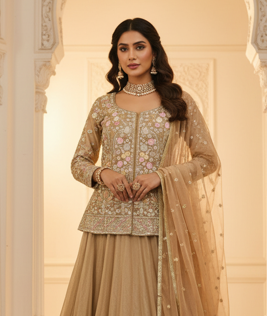 Golden lehenga Choli set with long blouse