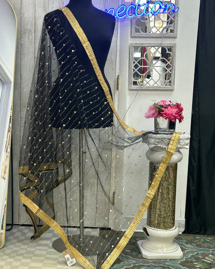 Black foil mirror work dupatta by Kurti Connection USA