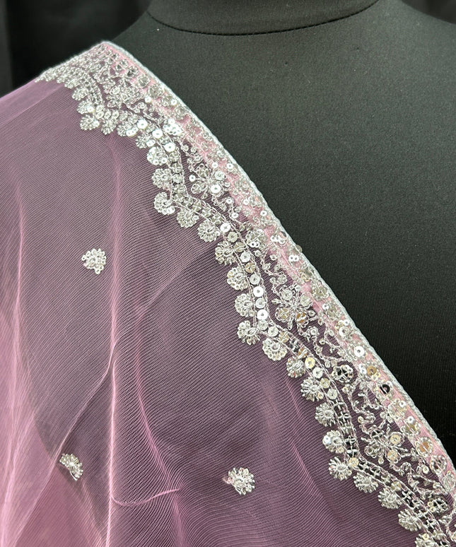 Light pink net dupatta with silver sequin border by Kurti Connection USA
