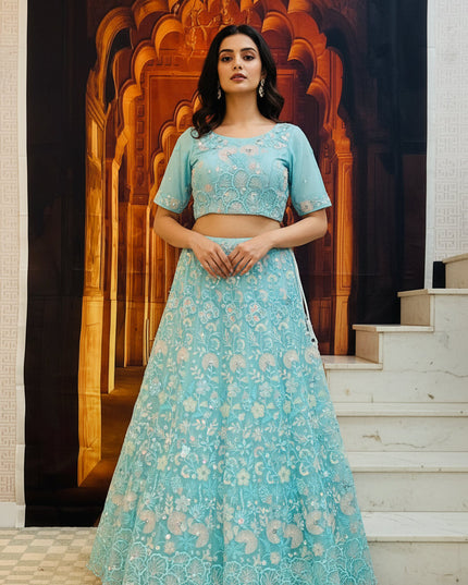 Light blue party wear Lehenga choli set by Kurti Connection USA