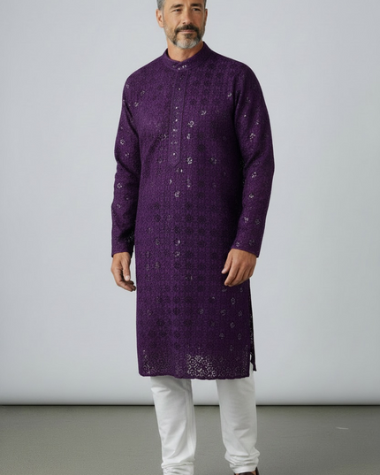 Sequin kurta pajama set for men : Wine color