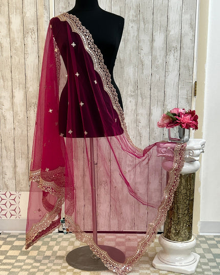 Mirror work dupatta: dark pink by Kurti Connection USA
