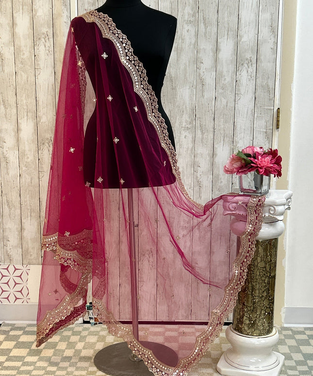 Mirror work dupatta: dark pink by Kurti Connection USA