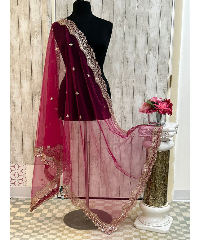 Mirror work dupatta: dark pink by Kurti Connection USA