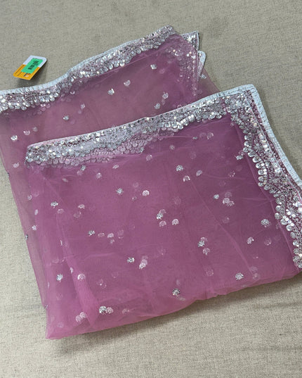 Light pink net dupatta with silver sequin border by Kurti Connection USA