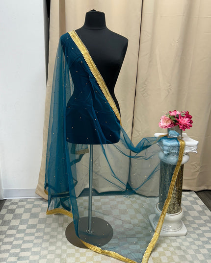 Blue net duppata with heavy lace