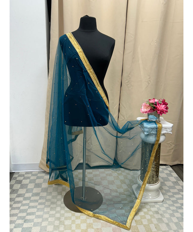 Blue net duppata with heavy lace