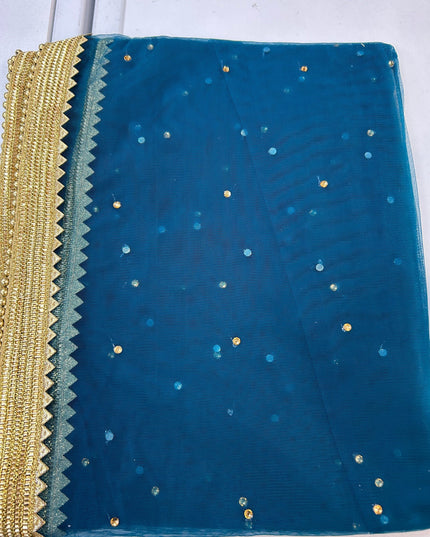 Blue net duppata with heavy lace