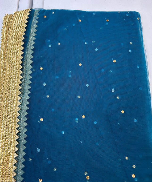 Blue net duppata with heavy lace