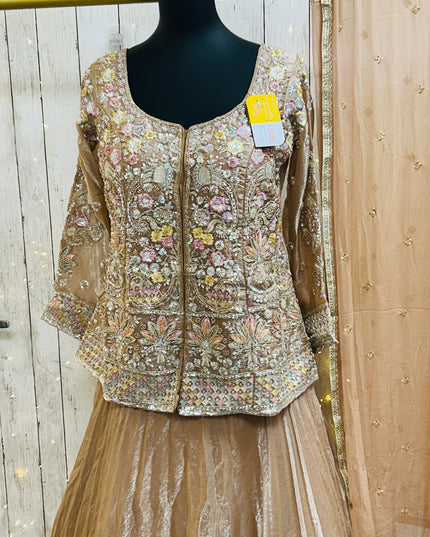 Golden lehenga Choli set with long blouse