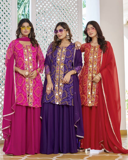 Chiffon Bandhani sharara suit by Kurti Connection USA