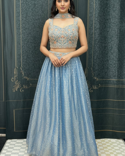 Pastel blue: Tissue silk lehenga Choli set