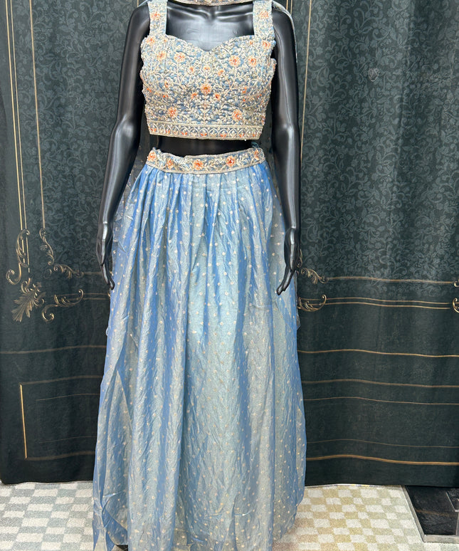 Pastel blue: Tissue silk lehenga Choli set