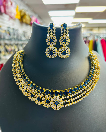 Ad necklace set : Blue stones gold polish
