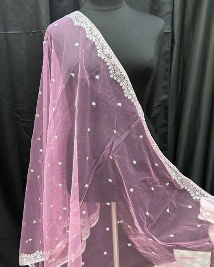Light pink net dupatta with silver sequin border by Kurti Connection USA