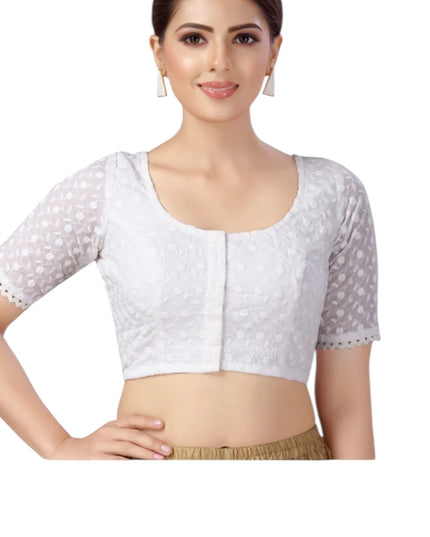 White cotton embroidered blouse by Kurti Connection USA