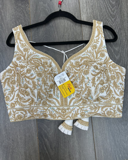 White blouse with gold embroidery by Kurti Connection USA