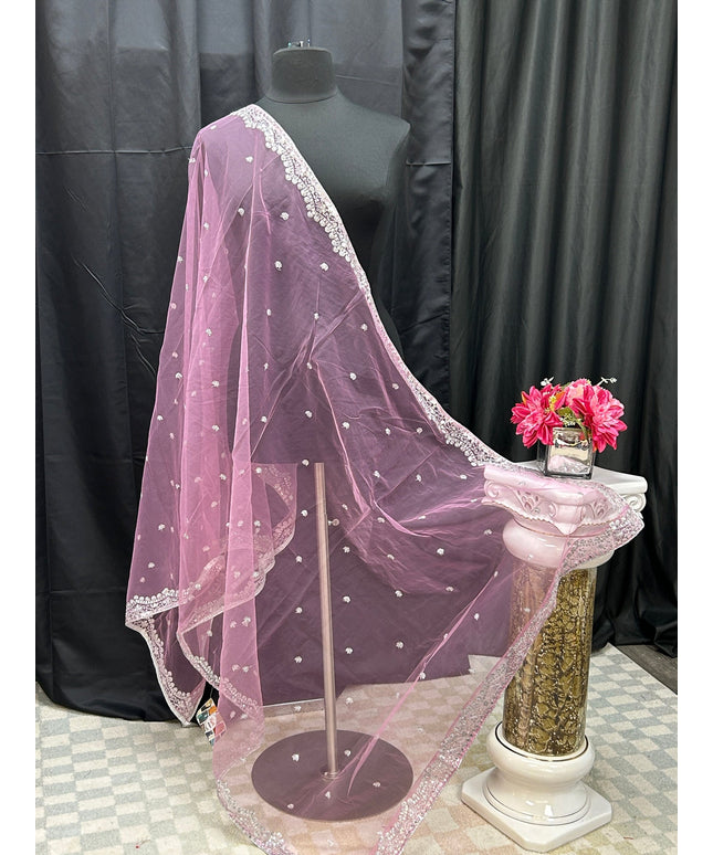 Light pink net dupatta with silver sequin border by Kurti Connection USA