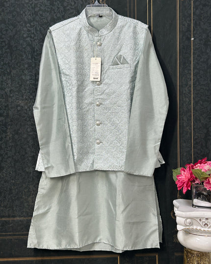 Light grey silk kurta set with jacket - Kurti Connection USA