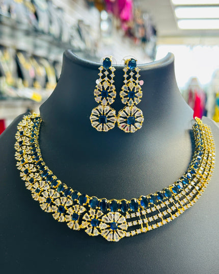 Ad necklace set : Blue stones gold polish
