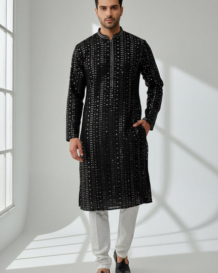 Black mirror work kurta pajama for men by Kurti Connection USA