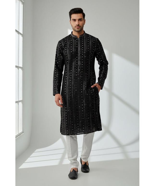 Black mirror work kurta pajama for men by Kurti Connection USA