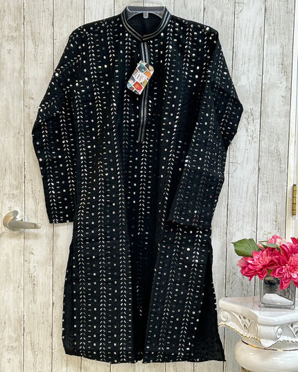 Black mirror work kurta pajama for men by Kurti Connection USA