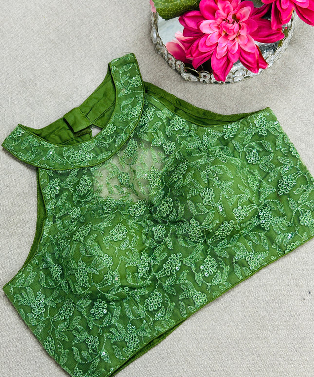 Green : Halter neck embroidered blouse - Kurti Connection USA