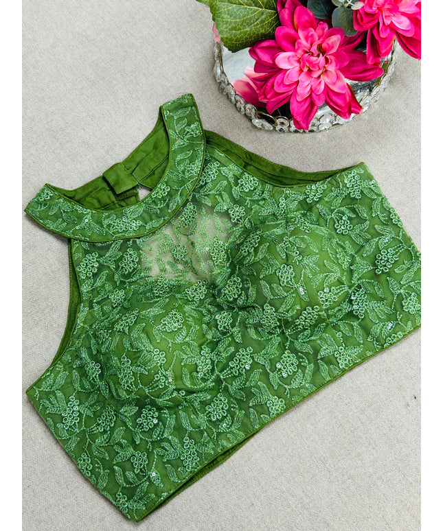 Green : Halter neck embroidered blouse - Kurti Connection USA
