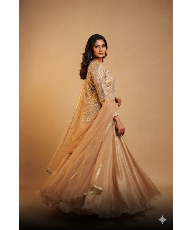 Golden lehenga Choli set with long blouse