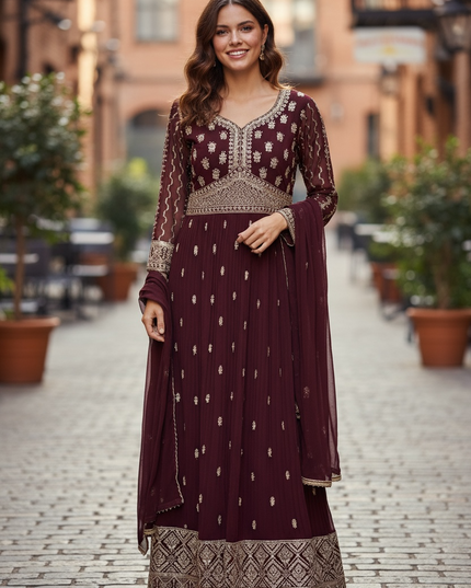 Party wear long gown : wine color by Kurti Connection USA