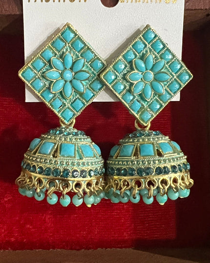 Turquoise blue jhumki earrings by Kurti Connection USA