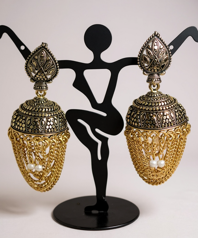 Antique gold finish jhumki earrings by Kurti Connection USA