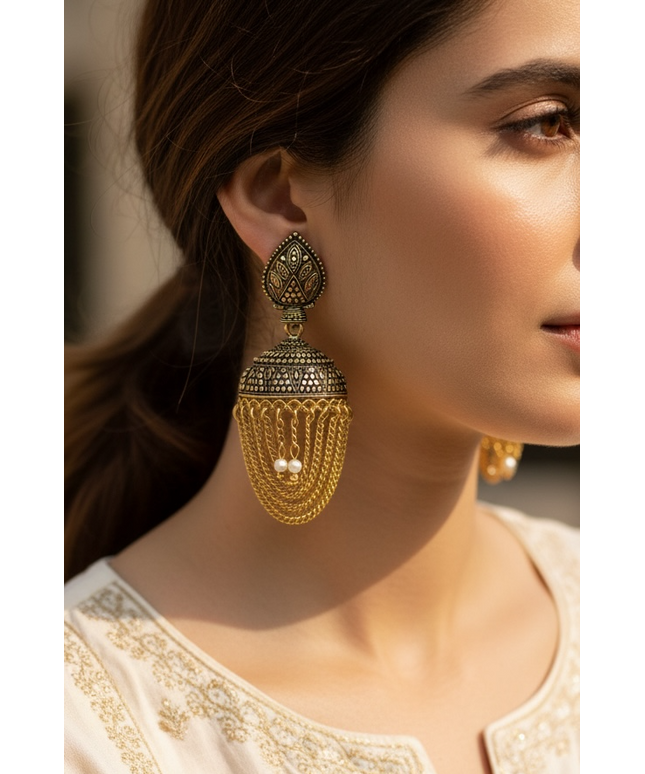 Antique gold finish jhumki earrings by Kurti Connection USA
