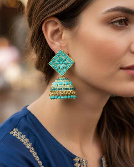 Turquoise blue jhumki earrings by Kurti Connection USA