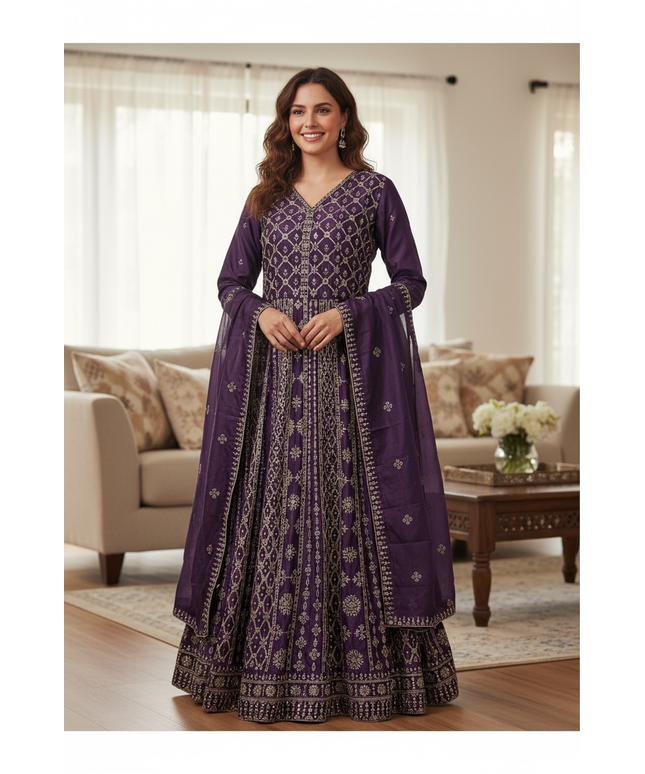 Heavy party wear Chinon silk gown/ Anarkali dress by Kurti Connection USA