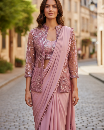 Readymade saree / pre stitched saree with blouse and jacket by Kurti Connection USA