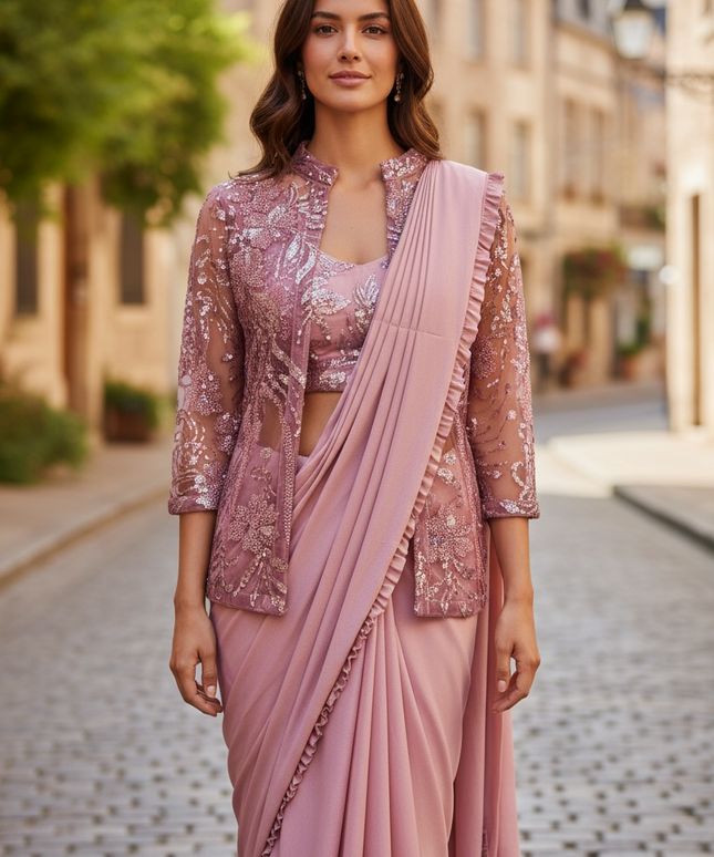 Readymade saree / pre stitched saree with blouse and jacket by Kurti Connection USA