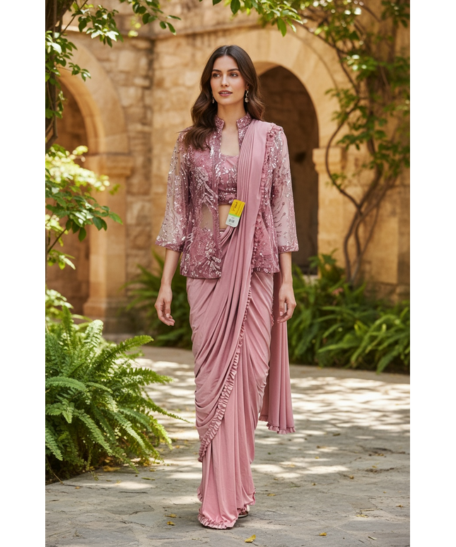 Readymade saree / pre stitched saree with blouse and jacket by Kurti Connection USA