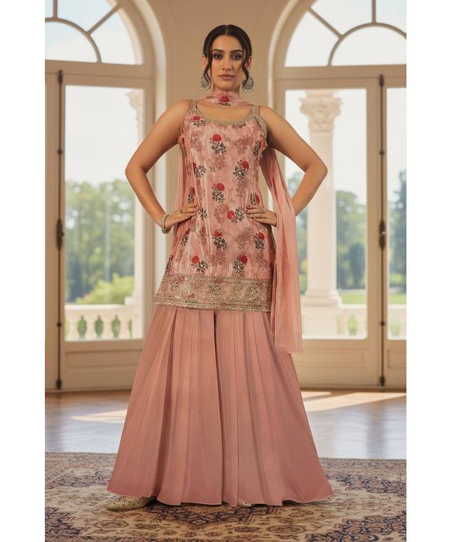 Chiffon silk (dishen) sharara suit by Kurti Connection USA