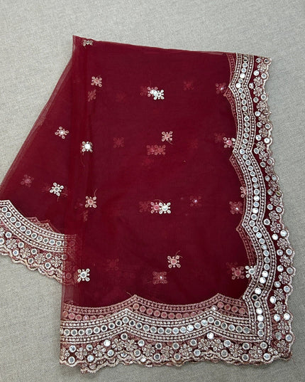 Fancy net dupatta: maroon with light gold work by Kurti Connection USA