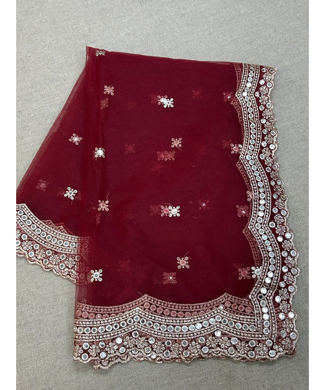 Fancy net dupatta: maroon with light gold work by Kurti Connection USA