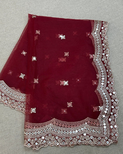 Fancy net dupatta: maroon with light gold work by Kurti Connection USA