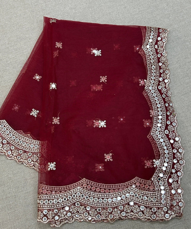 Fancy net dupatta: maroon with light gold work by Kurti Connection USA