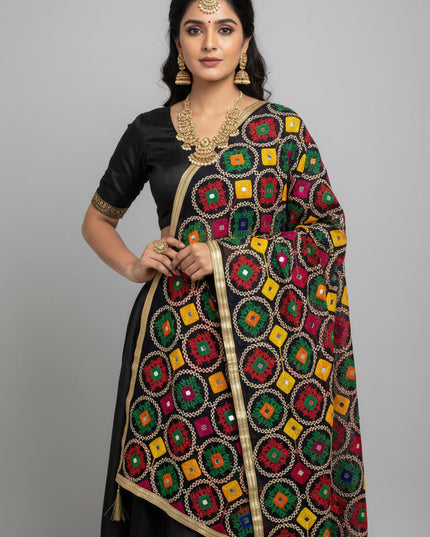 Navy blue dupatta with phulkari work by Kurti Connection USA